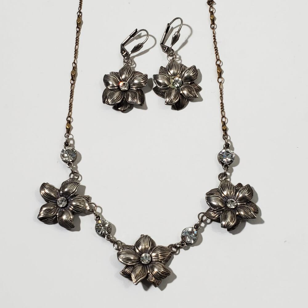 Anne Koplik Designs Silver & Gold Tone Flower Rhinestone Necklace & Earrings Set